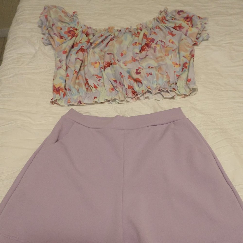 Multi-color/ floral off- shoulder top XL & Small shorts lavender